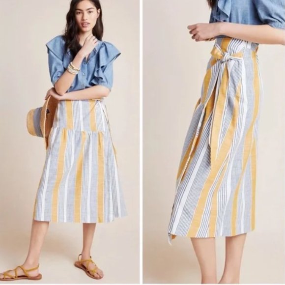 Maeve Anthropologie Laura Striped Fixed Wrap Midi Skirt Tie Blue Yellow 2 - Picture 2 of 7